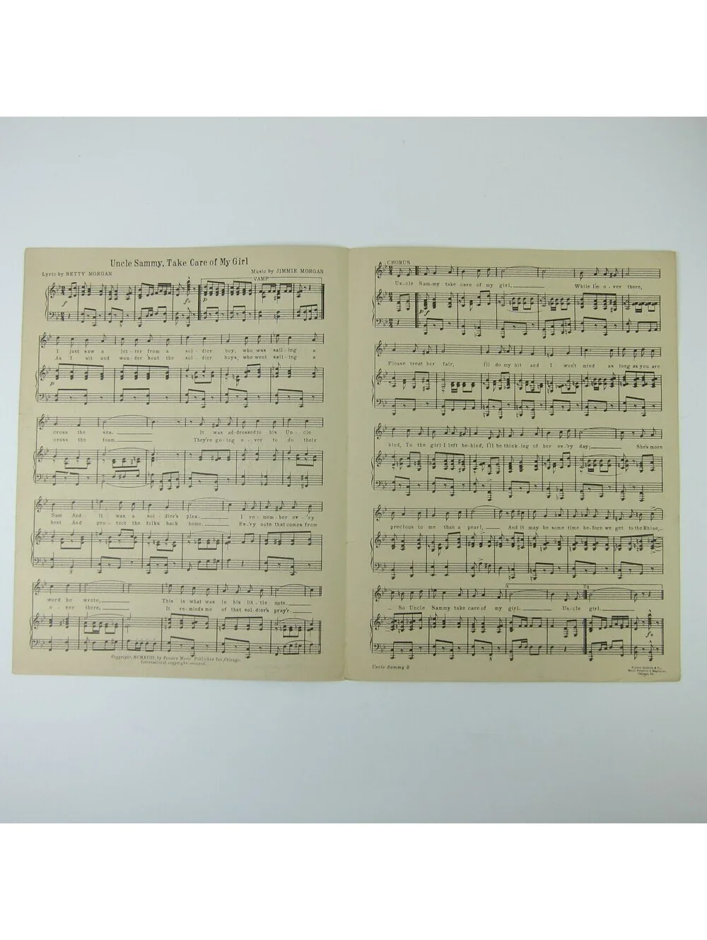 Sheet Music Uncle Sammy Take Care Of My Girl Betty & Jimmie Morgan WWI 1918